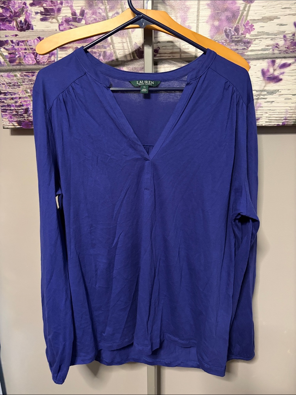 Lauren Ralph Lauren Long Sleeve V-Neck Top in Cobalt Size XL